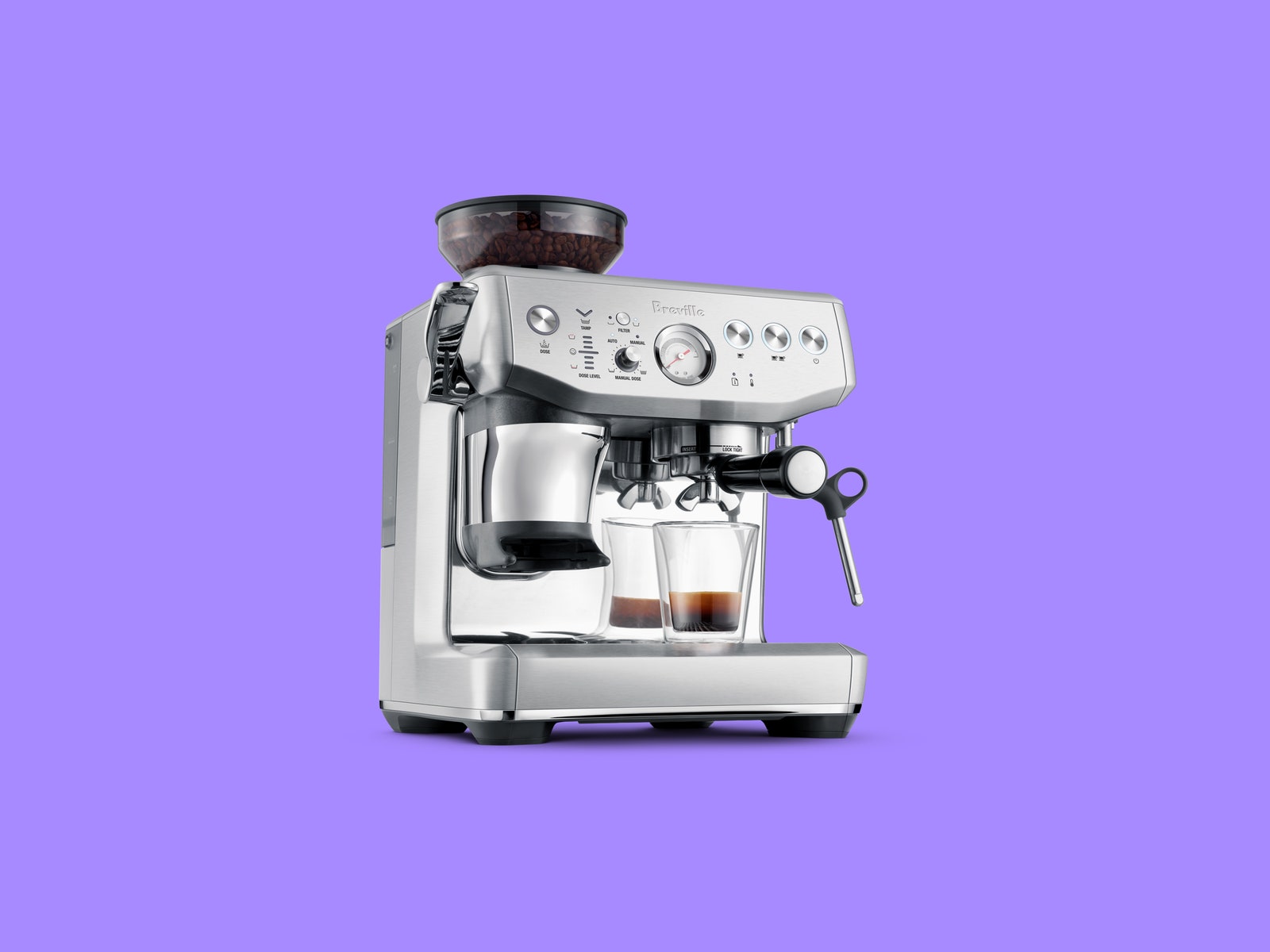 Breville Barista Express Impress espresso machine on purple backdrop