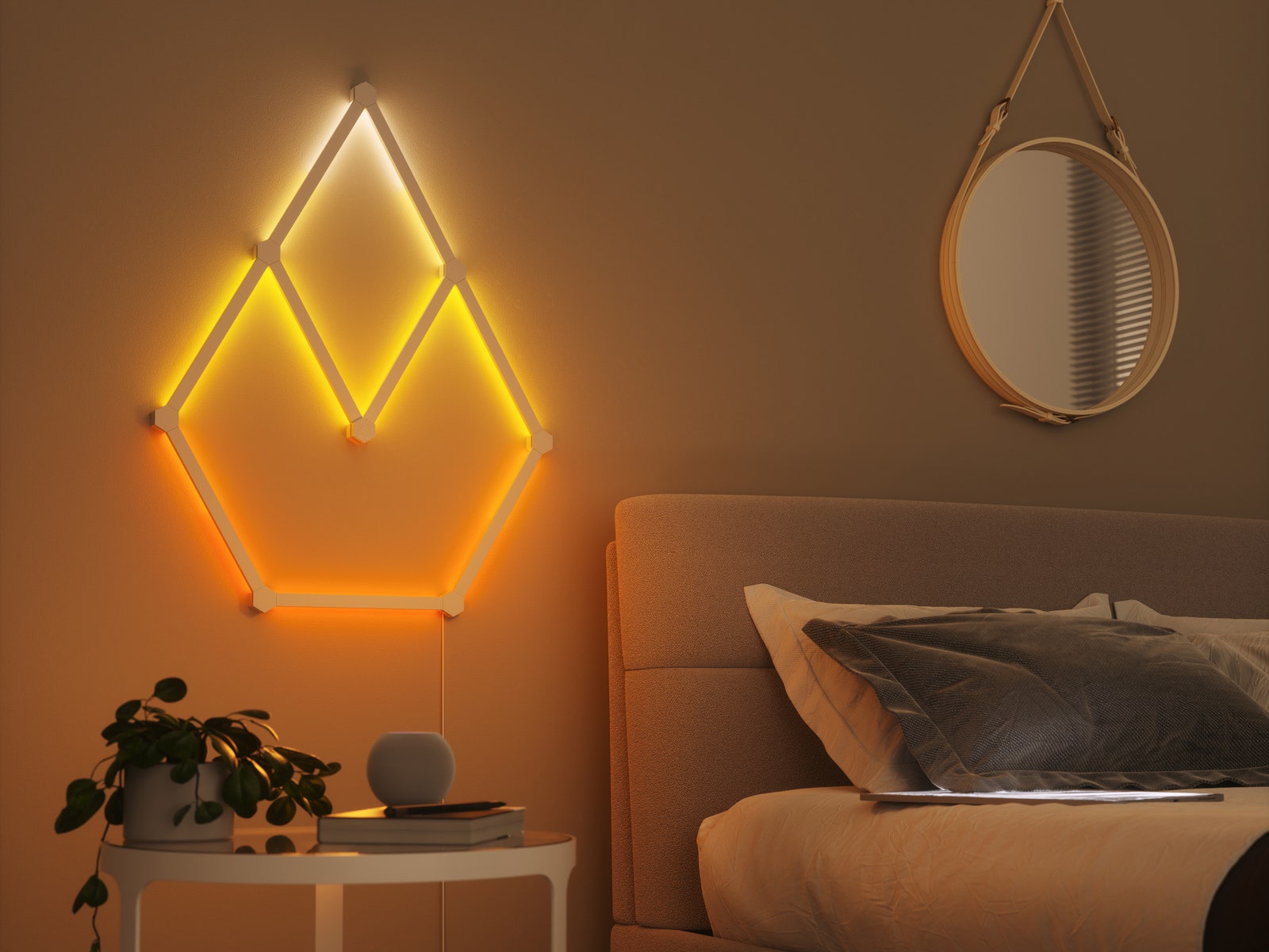 Nanoleaf lines on wall illuminating bedroom