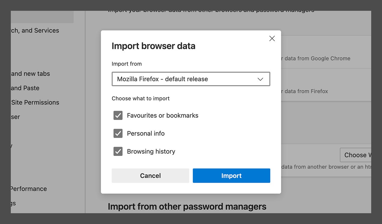 Microsoft edge import browser data window