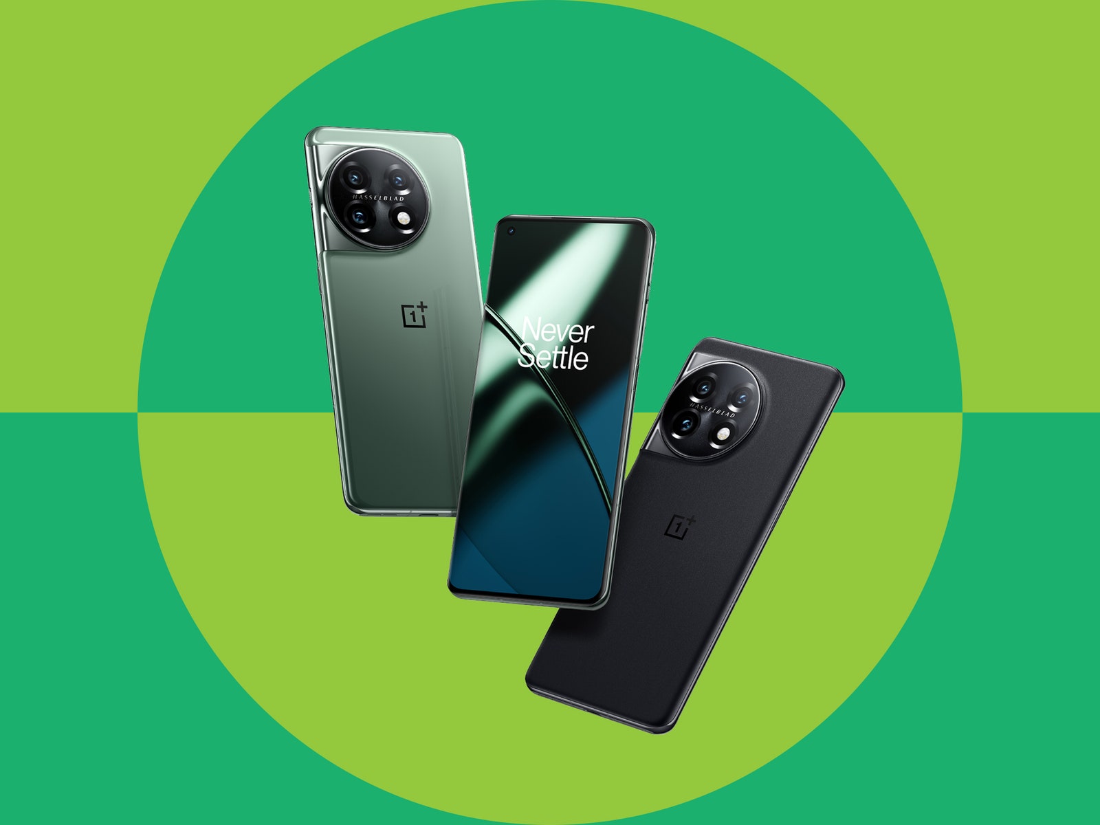 OnePlus 11 in black and green colors and one showing the screen on a green geometric backdrop