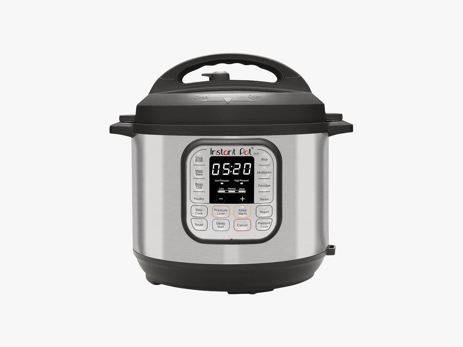 Electric cooking pot with black base silver main compartment and black lid. Digital screen shows cook time and buttons...
