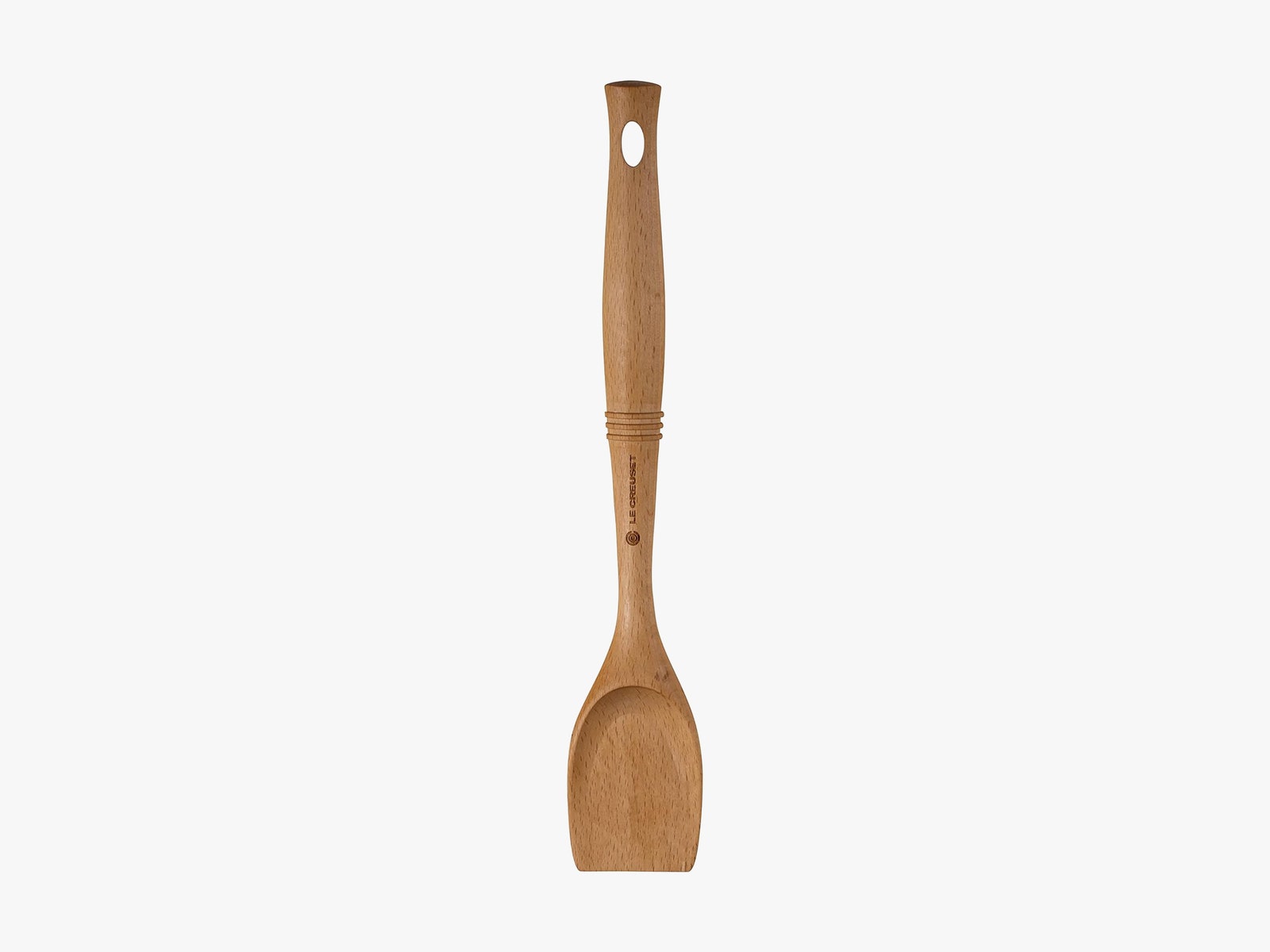 Wooden spoon with flat edge for scraping and slightly curvy handle