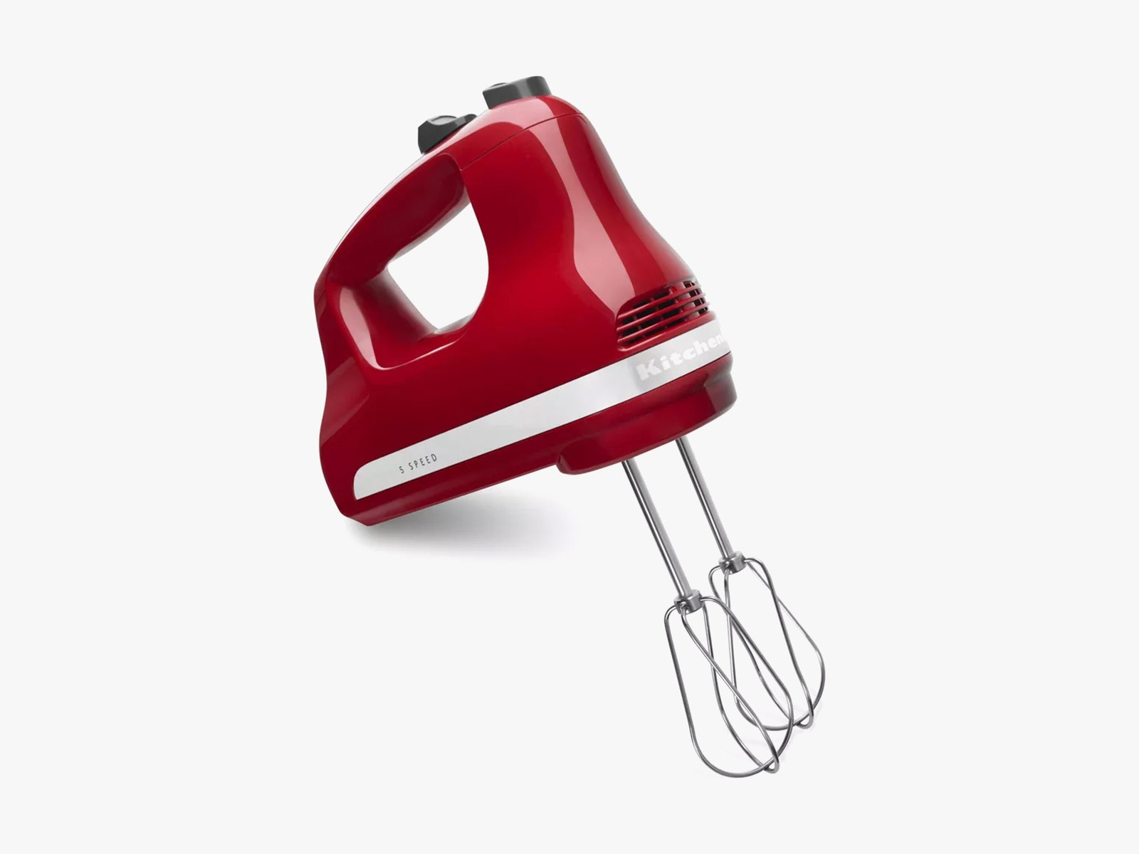 Red handheld appliance with 2 extensions of wire mixers attached