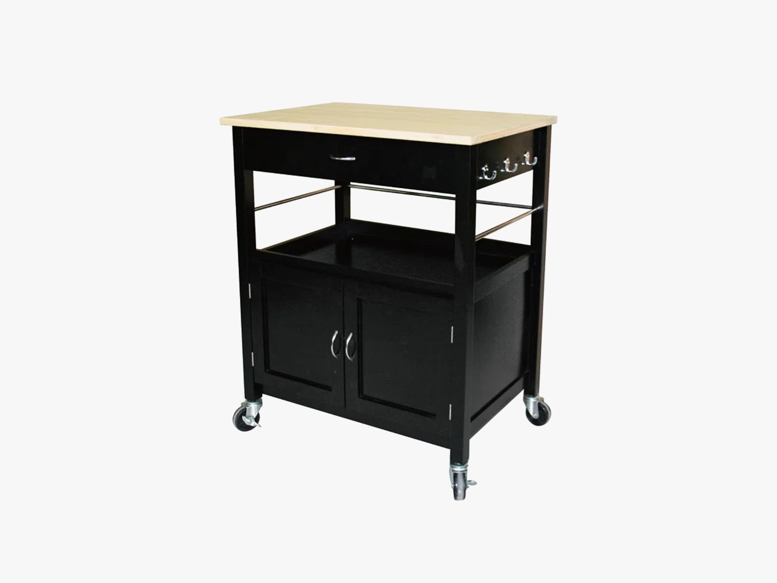 A small black 2 tier cart on 4 wheels with a flat surface on top open shelving in the middle and a closed cabinet below