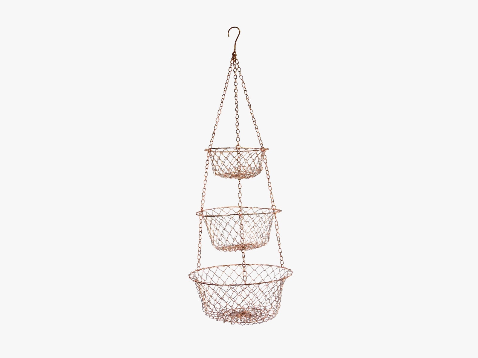 3 gold meshchain baskets in increasing size suspended above each other