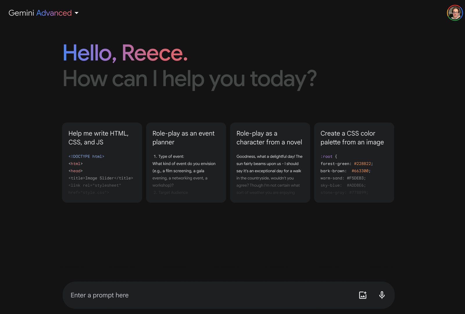 A screenshot of the Google Gemini Advanced prompt page a black screen with the personalized greeting Hello Reece in...